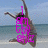 A person in a bikini jumps on a beach with arms raised, overlaid with pink pixelated text in three variations.