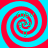 Four identical red and cyan spiral patterns arranged in a with green text fragments at their centers