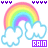 Pixelated rainbow with six bands arcs over two white clouds, each cloud outlined in light blue; purple text "RAIN" appears below the right cloud.