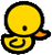 A pixelated yellow duck with a black outline, orange beak, and spiral tail on a gray background.