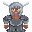 Pixelated character with gray helmet, white horns, green eyes, brown beard, and dark armor against a light gray background.