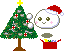 Pixel art of a Santa-hatted character next to a decorated Christmas tree with ornaments and a star, holding a red gift box.