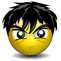 Yellow circular face with black spiky hair, green eyes, and a neutral expression; one frame shows teeth.