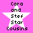 Pixelated white star on bright pink background with black text 'Cara and Stef Star Cousins' arranged vertically inside the star.
