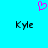 A static pixel art image with a cyan background, featuring two identical 'Kyle' text labels and one pink heart symbol above them.