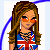 Pixel art contact sheet showing two frames of an animated buddy icon featuring a cartoon woman in Union Jack attire with orange sunglasses and silver knee pads, alongside partial torso view of another character in matching outfit, all within blue circular border with "England Gal" text.