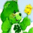 Static pixelated cartoon of a green bear-like character holding a yellow flower against a light blue background.