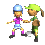 Animated sequence of two cartoon softball players shaking hands on a base, showing sequential movement from side to front view.