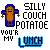 Pixelated icon of a brown potato-like figure with blue hooded cloak, arms outstretched, next to text reading 'SILLY COUCH POTATOE YOU'RE MY LUNCH' in blocky font.
