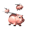 Animated pink piggy bank with black hooves and snout, holding a white and gray object that changes position across frames.