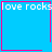 Four blue square with pink borders display "love rocks" text and two distinct pixel art symbols in bottom-right corners