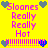 Yellow background with pink text reading "Sloones Really Really Hot" and heart symbols in blue, gray, or cyan. Pink dotted lines form horizontal dividers between sections.