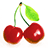 Pixelated cherry icon with green leaf on white background, surrounded by red text reading "sweet as some very yummy cherries" and "codys 05".