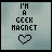 Pixel art animation of 'I'M A GEEK MAGNET' text with a heart symbol, showing sequential changes in letter visibility and heart fill state.