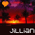 Pixelated sunset scene with palm trees, two heart icons above text reading 'Jillian' in white and orange.