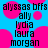 Blue background with pink circular shapes and black text listing names in a pattern