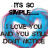 A pixelated blue heart-shaped icon with white text reading "I LOVE YOU" and partial obscured text below, set against a white background.