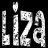 A 48x48 pixel animated contact sheet showing two frames of a grayscale text-based buddy icon with the word "Liza" repeated, featuring heart accents above each letter and visible dithering artifacts on black background.