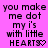 Pixelated text on a bright pink background with black lettering and heart symbols, showing two side-by-side versions of the phrase "you make me dot my i's with little HEARTS❤️".