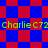 A static digital image with a repeating red and blue checkered background pattern and green text reading "charlie C72" repeated horizontally.