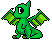 Green pixelated dragon with wings spread, standing on hind legs against gray background; left eye is white and black, right eye is a simple line.