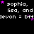 Static image with repeated text and purple stars on black background, showing 'sophia, lisa, and devon = bfflevon' variations.