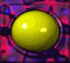 Two large yellow circular shapes with light reflections on a purple and pink patterned background.