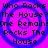Pixelated text repeats 'Who Rocks The House? One Remains' over blue spiral patterns on a purple background.