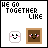 Pixel art icon with 'HE GO TOGETHER LIKE' text above two smiling faces, one white and one brown, with animated pink heart symbols appearing in different positions.