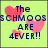 Pixelated green background with pink hearts and blue text reading 'The SCHMOOS ARE 4EVER!!' and 'LOLLAK BLONDE RED BRUNETTE' and 'LOLLIN! POP LOCK N DROP IT!' in a