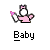 Pixelated cartoon baby character in pink outfit holding a bottle, with text "Baby" below on gray background.