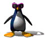 Animated penguin with purple goggles, blue and white body, orange feet, standing on gray background.