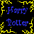 Pixelated text displays "Harry Potter" in blue with yellow decorative borders on a black background.