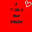 Red background with black pixelated text 'u make me smile' and a white pixelated heart symbol above the text.