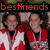 Two people in red and white jackets stand side-by-side under a black banner with red text reading 'bestfriends' on a pixelated background.