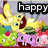 Animated icon with yellow cartoon character, green and pink creatures, red berries, and changing text labels.
