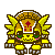A 3x3 grid of pixel art frames showing a yellow and brown armored creature with wing-like spikes, red cross symbol on forehead, green eyes, pink cheeks, and gray feet across nine distinct poses.