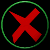Six variations of a red X symbol within green circular or oval outlines on black background, showing different frame states.