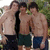 Six- of shirtless men in swimwear with changing text overlays on a green background
