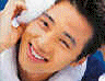 A sequence of cropped images shows a person in various poses with a white cloth, dark suit, and orange shirt against light backgrounds, ending with a blue background with colored symbols.