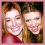 Two women with light brown hair smiling closely together in a red top, one woman's face alone on the right, and one woman's face cropped lower in the bottom left.