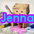 A pixelated character with a blocky head and simple facial features appears in multiple scenes, each overlaid with colorful text.