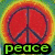 A pixelated image with a red peace symbol on a rainbow gradient background, blue water waves below, and green text reading "peace" and "swim".