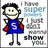 Pixelated cartoon character with black hair wearing blue shirt and red cape standing next to partially visible text on white background.