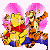 Winnie the Pooh and Tigger stand together under pink circular halos, Pooh in red shirt and blue pants, Tigger in orange stripes, both facing forward with arms raised.