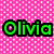 Pixelated green text 'Olivia' with black outline on pink and white checkered background.