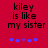 Red background with black text reading 'kiley is like my sister' and five blue-purple pixelated stars below, two versions showing star animation changes.