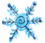 Pixelated blue snowflake with six symmetrical arms and a spiral center on white background.