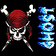 Pixelated skull with red bandana and crossed swords, next to blue glowing text on black background.
