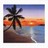 Pixelated static image of a palm tree silhouette against an orange and blue sunset over water.